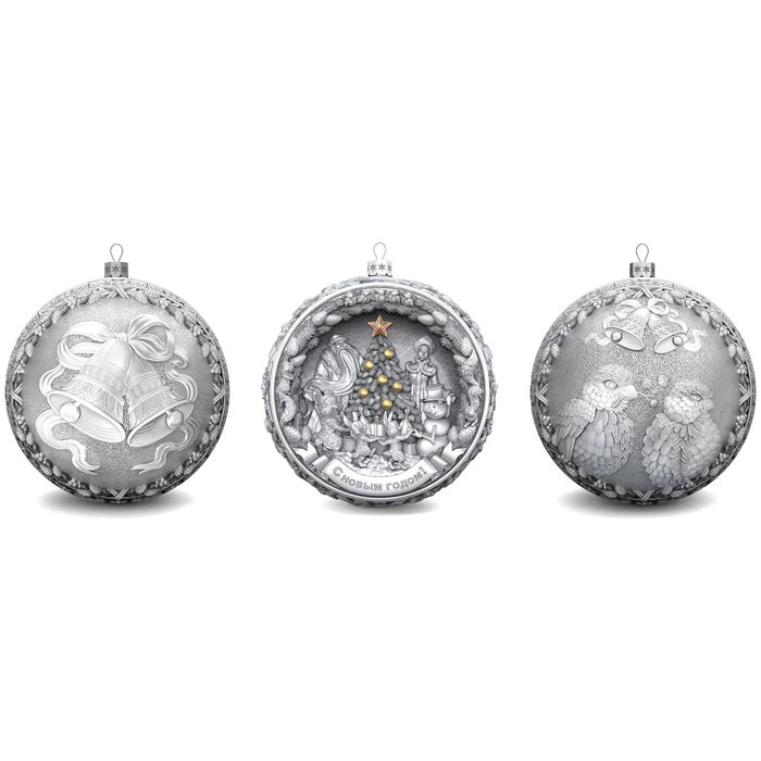 Set of 3 silver Christmas balls "Bells, Happy childhood and Bullfinches"